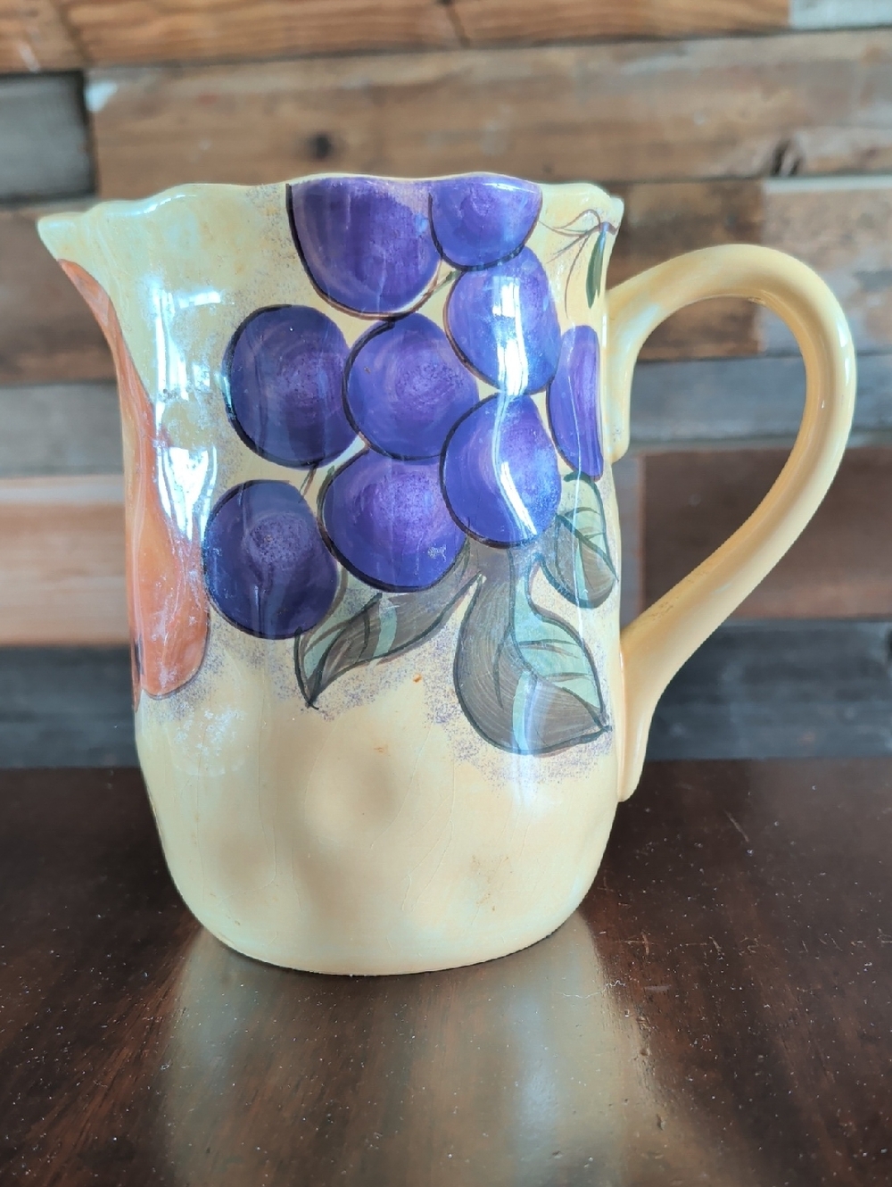 Hand-Painted Ceramic Pitcher in Yellow with Colorful Fruit Motif